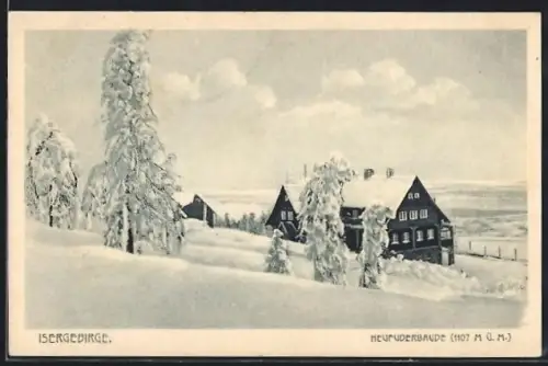 AK Heufuderbaude /Isergebirge, Berghütte im Schnee
