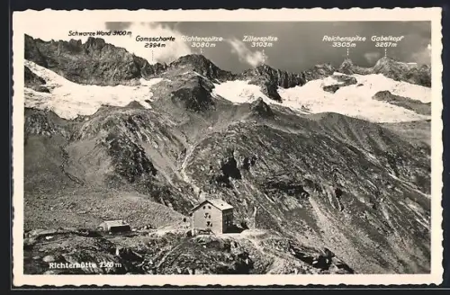 AK Richterhütte, Berghütte mit Richterspitze u. Gabelkopf
