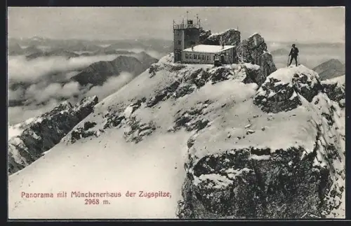 AK Münchner Haus /Zugspitze, Wanderer am Münchner Haus im Schnee