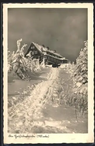 AK Heufuderbaude /Bad Einsberg, Berghütte in verschneiter Umgebung