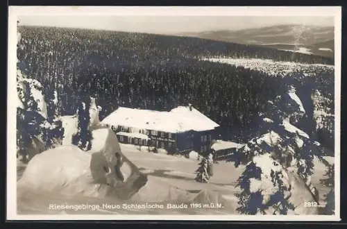 AK Neue Schlesische Baude /Riesengebirge, Verschneite Berghütte mit anliegendem Wald