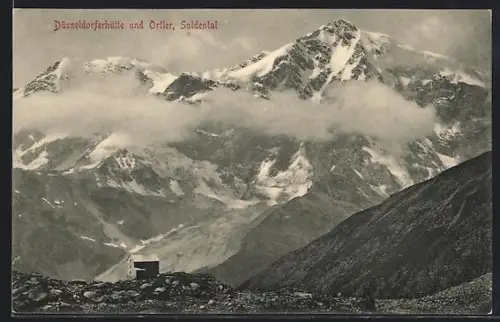 AK Düsseldorferhütte /Suldental, Mit wolkenbehangenem Ortler-Panorama