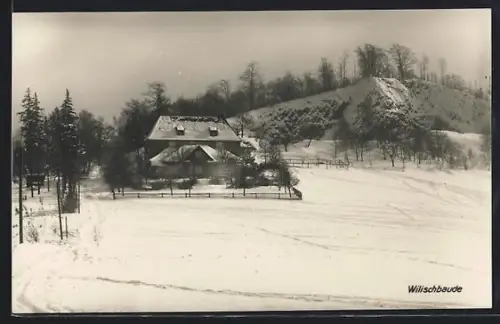 AK Wilischbaude, Berghütte im Schnee