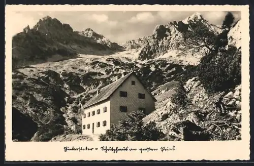 AK Grosser Priel Schutzhaus, Hinterstoder, Aussenansicht der Berghütte gegen den Berg, Pächter Paula u. Erwin Eder