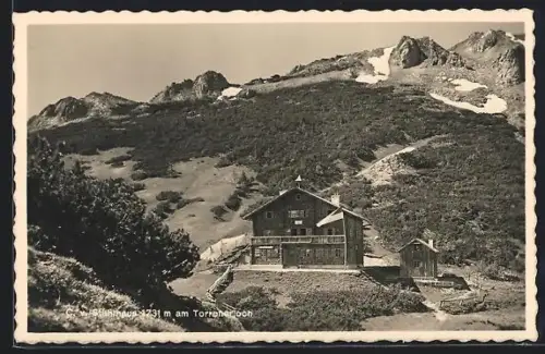 AK C. v. Stahlhaus am Torrenerjoch, Berghütte im Sonnenschein