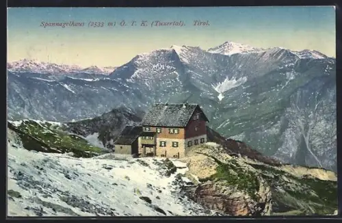 AK Tuxertal /Tirol, Spannagelhaus auf verschneitem Gipfel