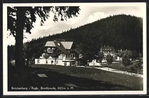 AK Brotbaude /Riesengebirge, Berghütte in waldiger Hügellandschaft