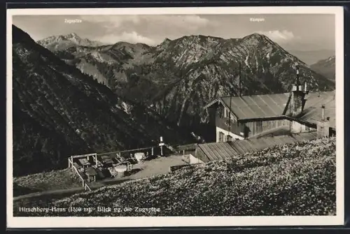AK Hirschberg-Haus bei Tegernsee, Berghütte mit Blick gegen die Zugspitze