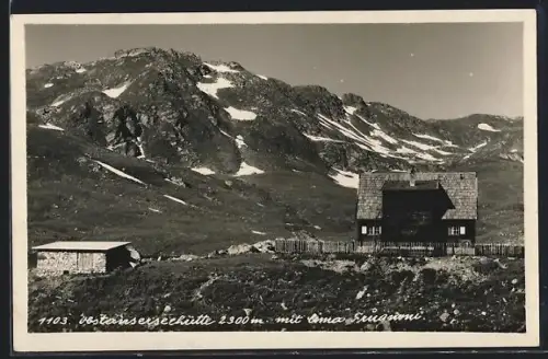 AK Obstanserseehütte, Blick auf Berghütte und Gebirgspanorama