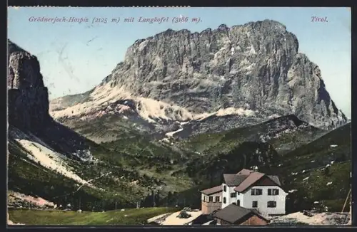 AK Grödnerjoch-Hospiz, Panorama mit Langkofel
