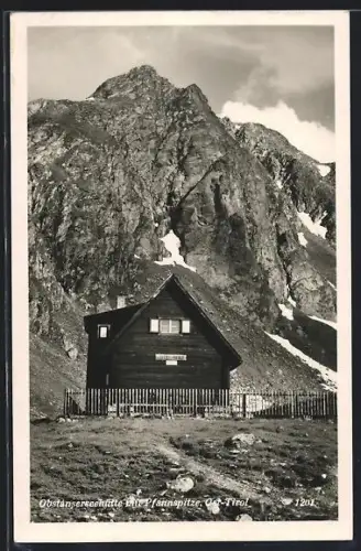 AK Obstanserseehüte, Aussenansicht der Berghütte mit Pfannspitze