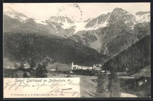 AK St. Gertraud in Sulden, Ortsansicht im Suldenthal gegen das Gebirgsmassiv