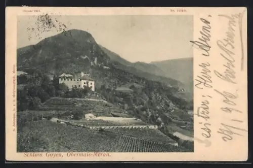 AK Meran-Obermais, Schloss Goyen mit Umgebung und Bergpanorama
