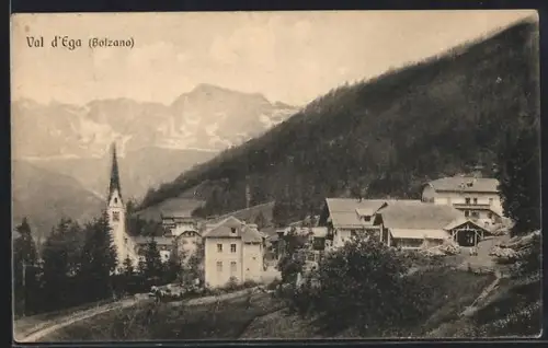 AK Val d`Ega /Bolzano, Totalansicht mit Kirche und Gebirge