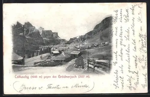 AK Colfuschg, Teilansicht des Ortes und Grödnerjoch