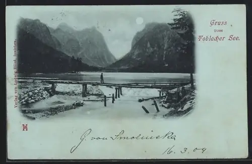 Mondschein-AK Toblach, Brücke über den See