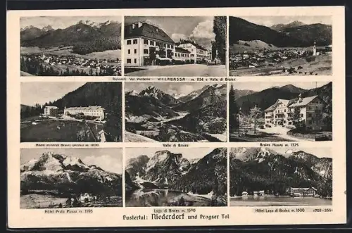 AK Niederdorf /Pustertal, Valle di Braies, Hotel Prato Piazza, Lago di Braies, Hotel Lago di Braies