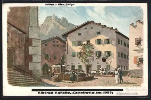 Künstler-AK F.A.C.M. Reisch: Kastelruth, Post-Gasthof Zum Lamm mit Schlern und Santnersp.