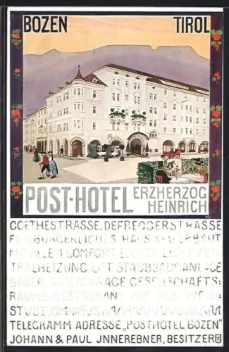 Künstler-AK Bozen, Post Hotel Erzherzog Heinrich mit Strassenpartie