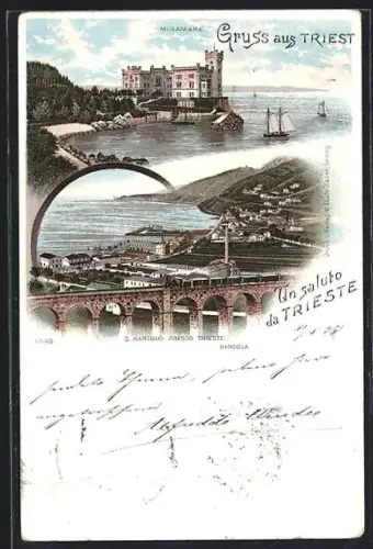Lithographie Triest, Ortsansicht und Schloss Miramare