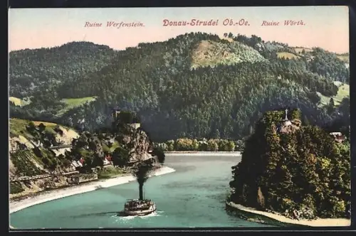 AK St. Nikola an der Donau, Donau-Strudel mit Ruine Werfenstein und Ruine Wörth, Donauschiff