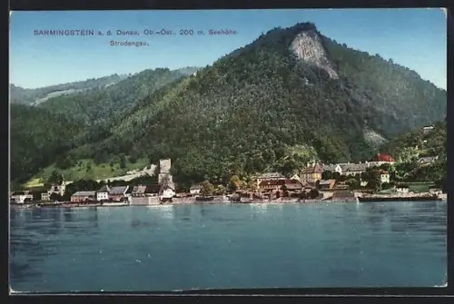 AK Sarmingstein a. d. Donau, Ort am Donauufer mit Kirche und Burg