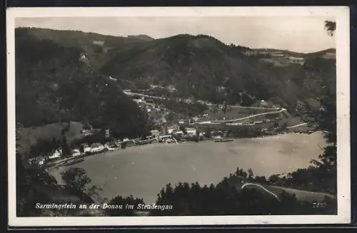 AK Sarmingstein an der Donau, Panorama mit Ort am Donauufer