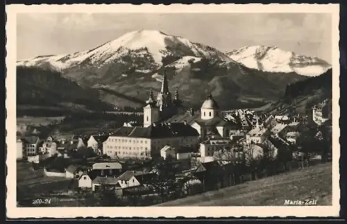 AK Mariazell, Panorama mit Basilika und Bergen