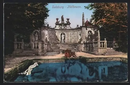 AK Salzburg, Hellbrunn, Brunnenfassade mit Becken
