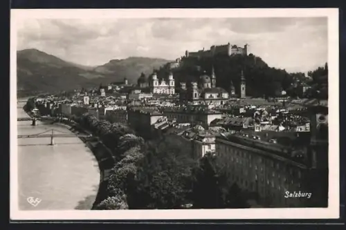 AK Salzburg, Blick von der Humboldt-Terrasse auf Festung Hohensalzburg und Salzach
