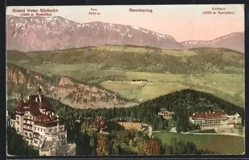 AK Semmering, Panorama mit Grand Hotel Südbahn und Rax