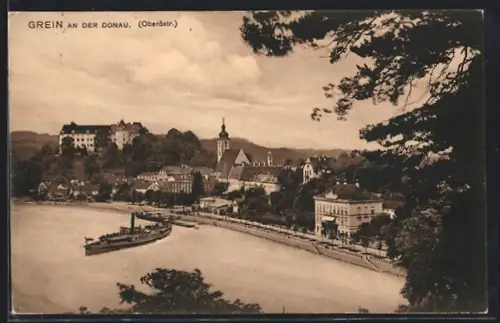 AK Grein an der Donau, Donauufer mit Schloss und Kirche