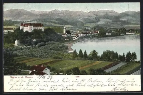 AK Grein a. d. Donau, Panorama mit Schloss, Kirche und Donau