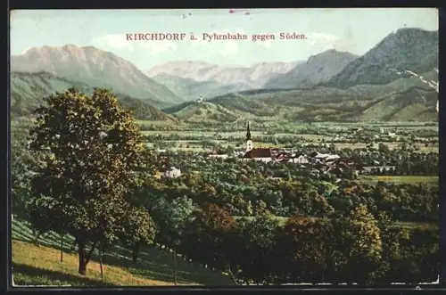 AK Kirchdorf a. Pyhrnbahn, Blick gegen Süden, Dorf mit Kirche und Bergpanorama