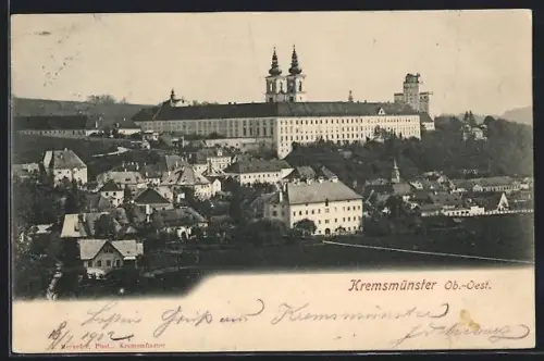 AK Kremsmünster /Ob. Öst., Stift mit Ortspanorama