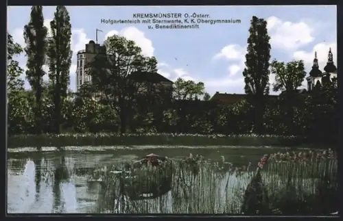 AK Kremsmünster /O. Österr., Hofgartenteich mit Sternwarte, Obergymnasium und Benediktinerstift