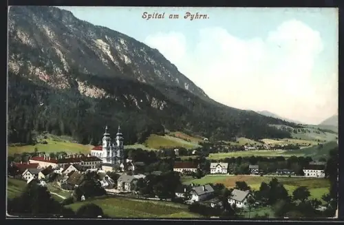 AK Spital am Pyhrn, Dorfansicht mit Kirche und Bergkulisse