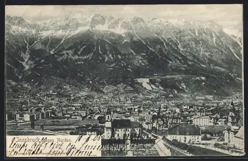 AK Innsbruck, Panorama gegen Norden mit Kirche und Bergkulisse