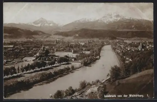 AK Innsbruck, Blick von der Weiherburg, Inn mit Stadt und Bergpanorama