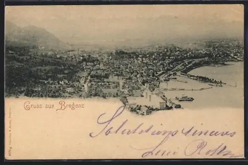 AK Bregenz, Panorama mit Bodensee und Hafen