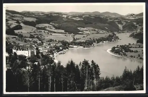 AK Grein a. d. Donau, Panorama mit Schloss und See