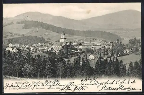 AK Haslach /Ob. Öst., Panorama mit Ort und Turm