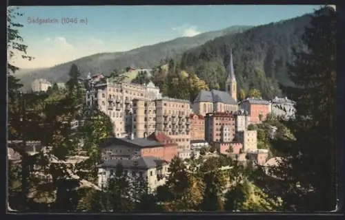 AK Badgastein, Panorama mit Hotelbauten und Kirche