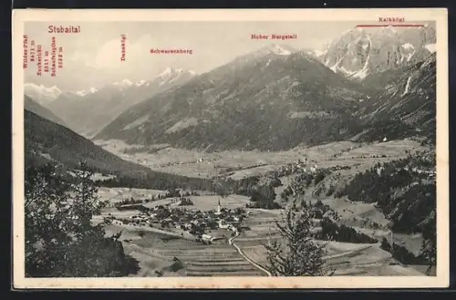 AK Mieders /Stubaital, Panorama mit Ort und Hoher Burgstall