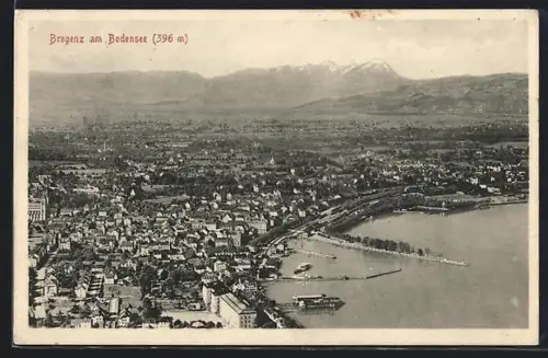 AK Bregenz am Bodensee, Panorama mit See, Hafen und Uferpromenade