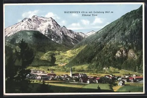AK Mayrhofen /Tirol, Ortsansicht mit Kirche und Grünberg