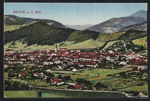 AK Bruck a. d. Mur, Panorama mit Kirche und Bergkulisse