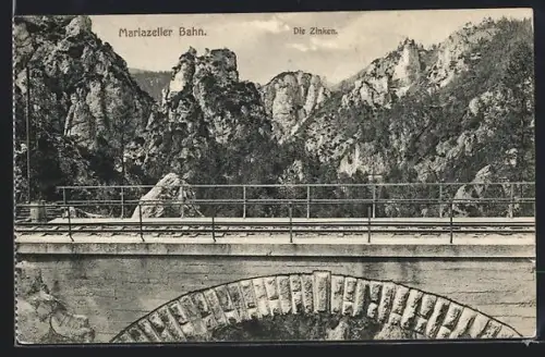 AK Mariazell, Die Zinken, Bahnbrücke vor Felswänden