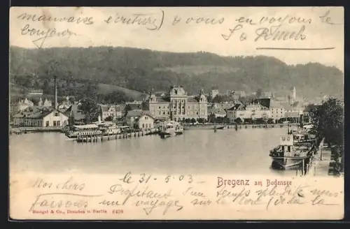 AK Bregenz am Bodensee, Hafenfront mit Seepromenade und Schiffen