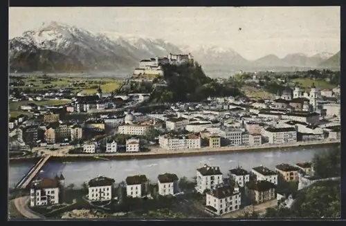 AK Salzburg, Stadtpanorama mit Festung Hohensalzburg und Salzach